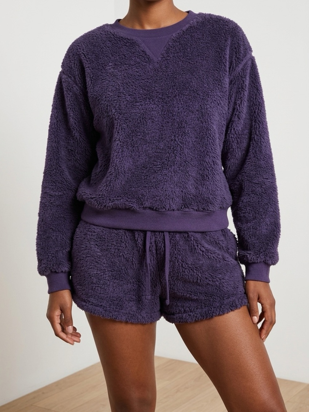 Savage X Fenty Plush Fleece Crewneck Sweater in Lavender Purple matching shorts